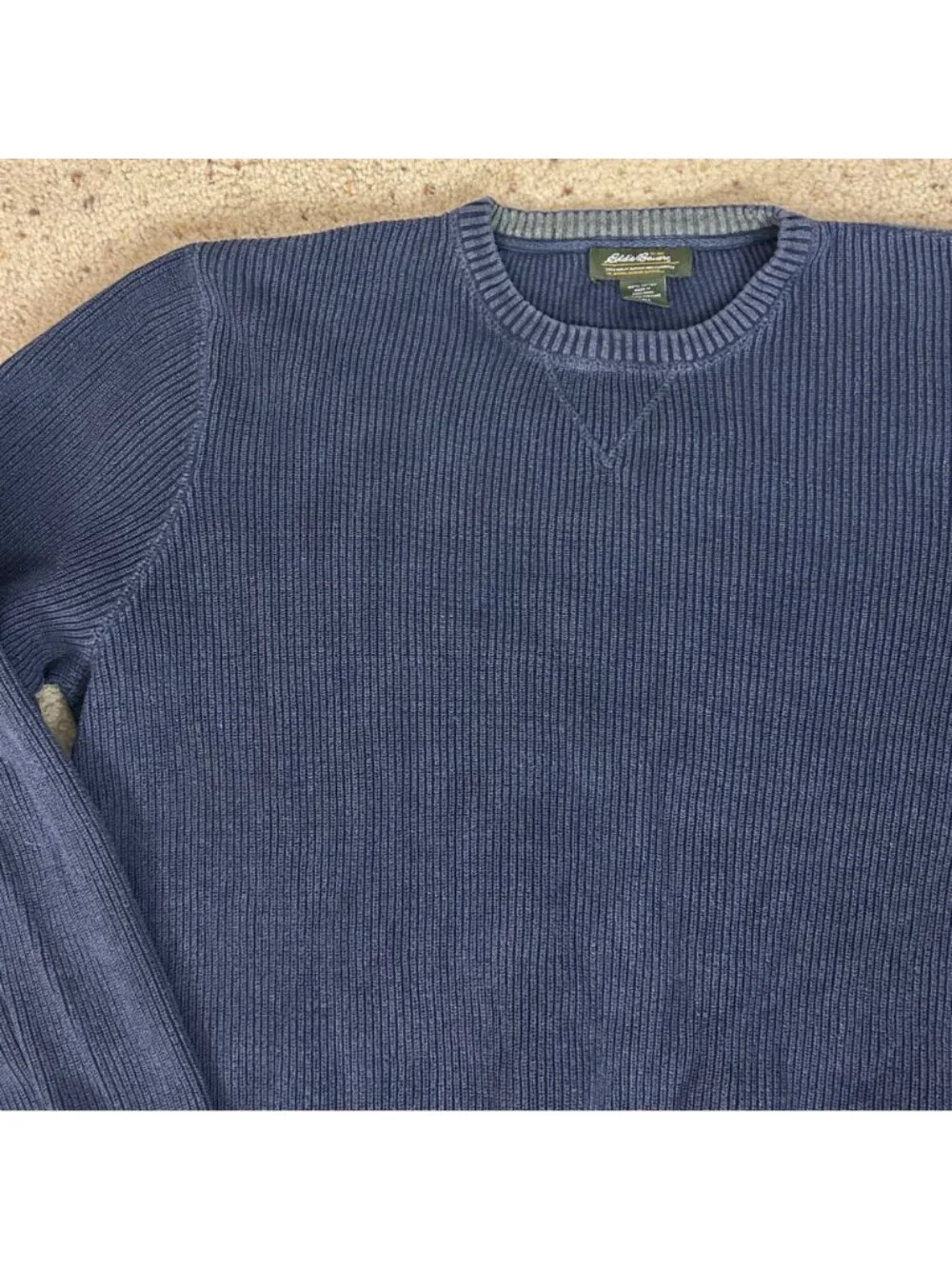 Vtg 90s Eddie Bauer Navy Ribbed Chunky Sweater Crewneck Cotton Large Tall Men's - Picture 2 of 4